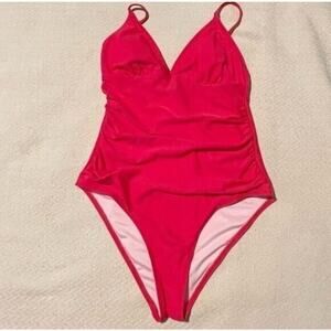 Cupshe Womens One Piece Swimsuit L Pink V Neck Low Back Ruched Adjustable Straps